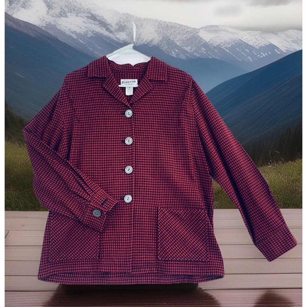 Pendleton Heritage Shacket Womens M Red‎ & Black Wool Check Button Front Pockets